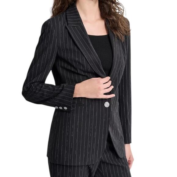 DKNY Women’s Studded Pinstriped Single Button Blazer Black Size 6 - Picture 1 of 3